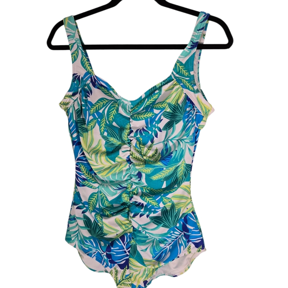 Tropical Leaf Ruched One-Piece Swimsuit - Blue/Green - Picture 3 of 8